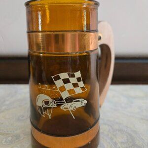 VINTAGE Siesta Ware Beer MUG Auto Racing / Airplane Brown Glass Stein Wood Hand